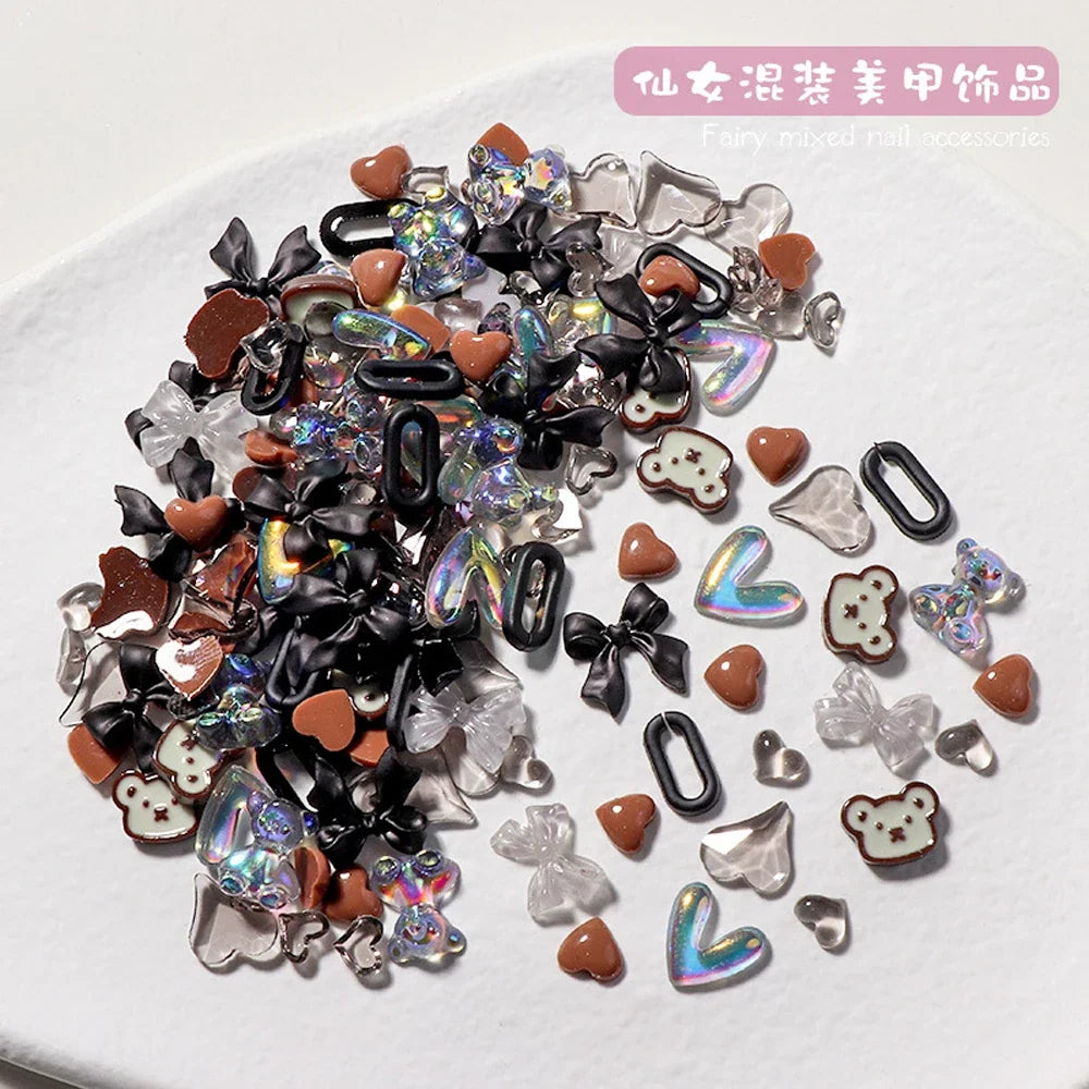 50PCS Mixed Kawaii Resin Nail Art Charms 3D Flower Bow Animals Rhinestones Nail Decorations DIY Manicure Professional Supplies