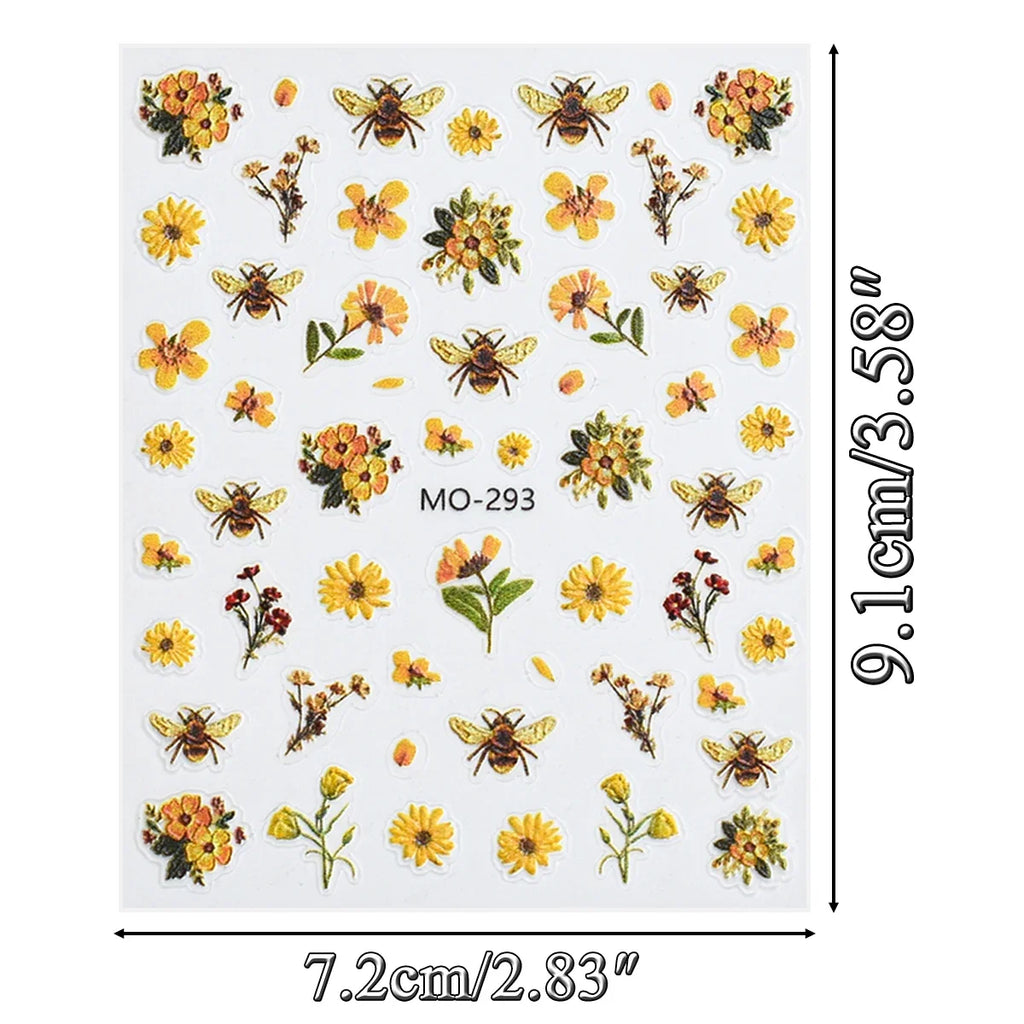 3/6 Sheets Daisy Bee Nail Stickers 5D Embossed Flower Nail Art Decals, Self-Adhesive Nail Wraps DIY Manicure Tips Decoration
