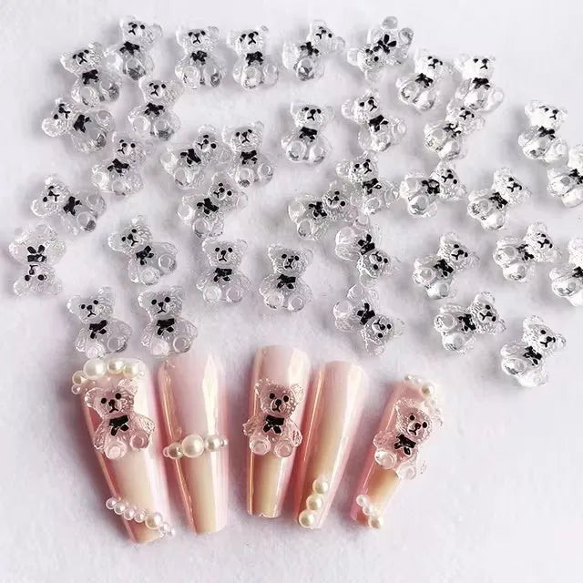 20pcs Kawaii New Nails Accessories 3D Cartoon Bear Bow Nail Charms Large Bow Tie Small Bear Clear Khaki Nail Decorations Diamond