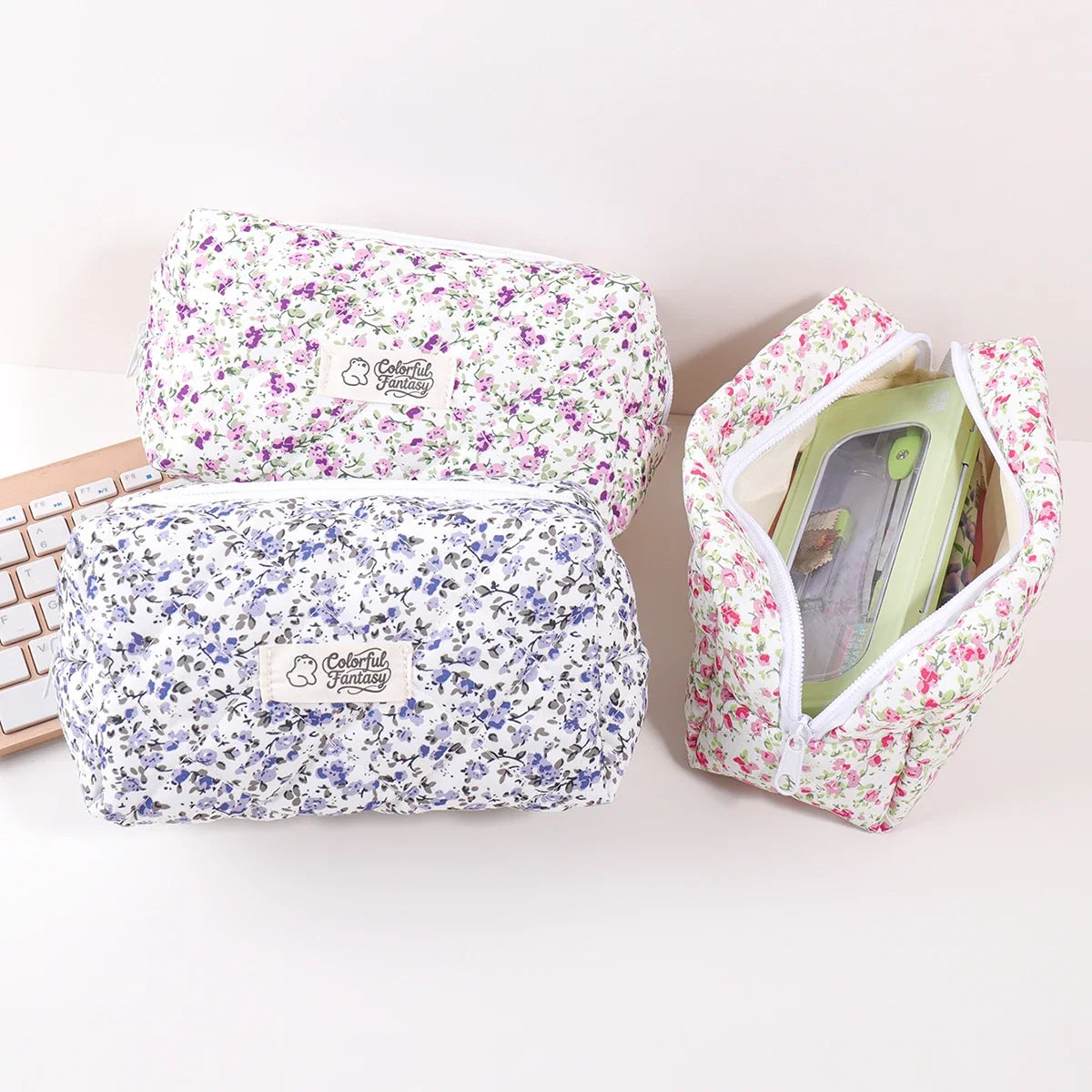 Floral Print Pencil Case Large Capacity Zipper Portable Stationery Organizer for Students Office Desktop Supplies Back to School