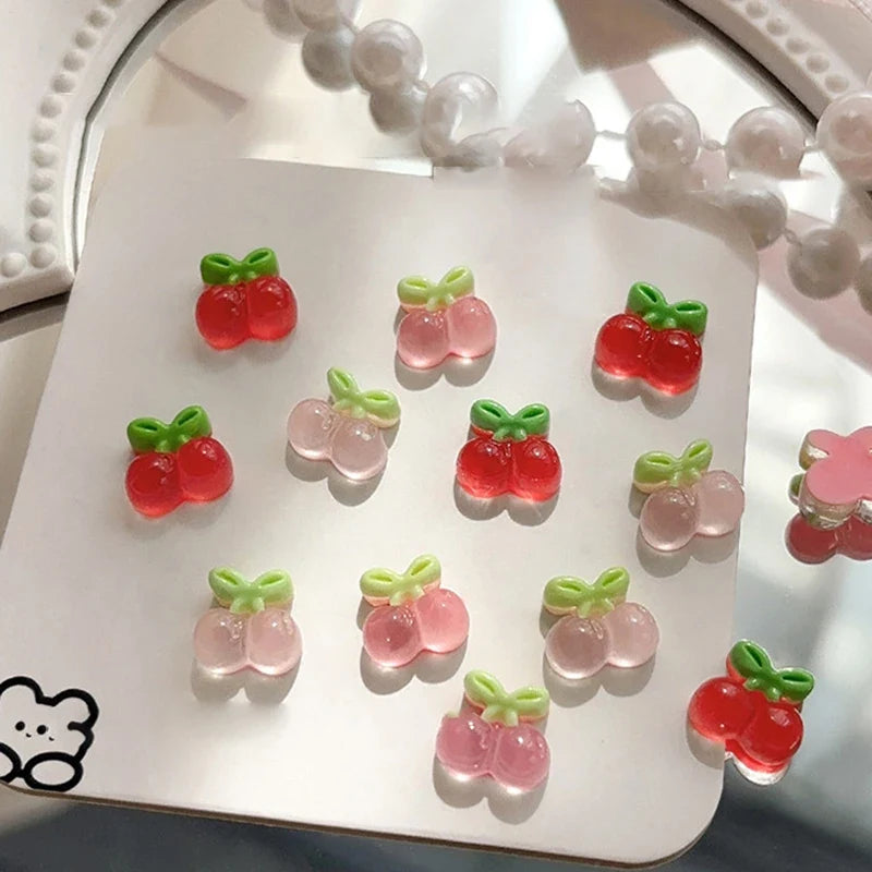 10pcs Nail Art Charms Resin Mini Cherry Strawberry Nail Art Flat Back Stone Figurines Scrapbook DIY Jewelry Decor Crafts