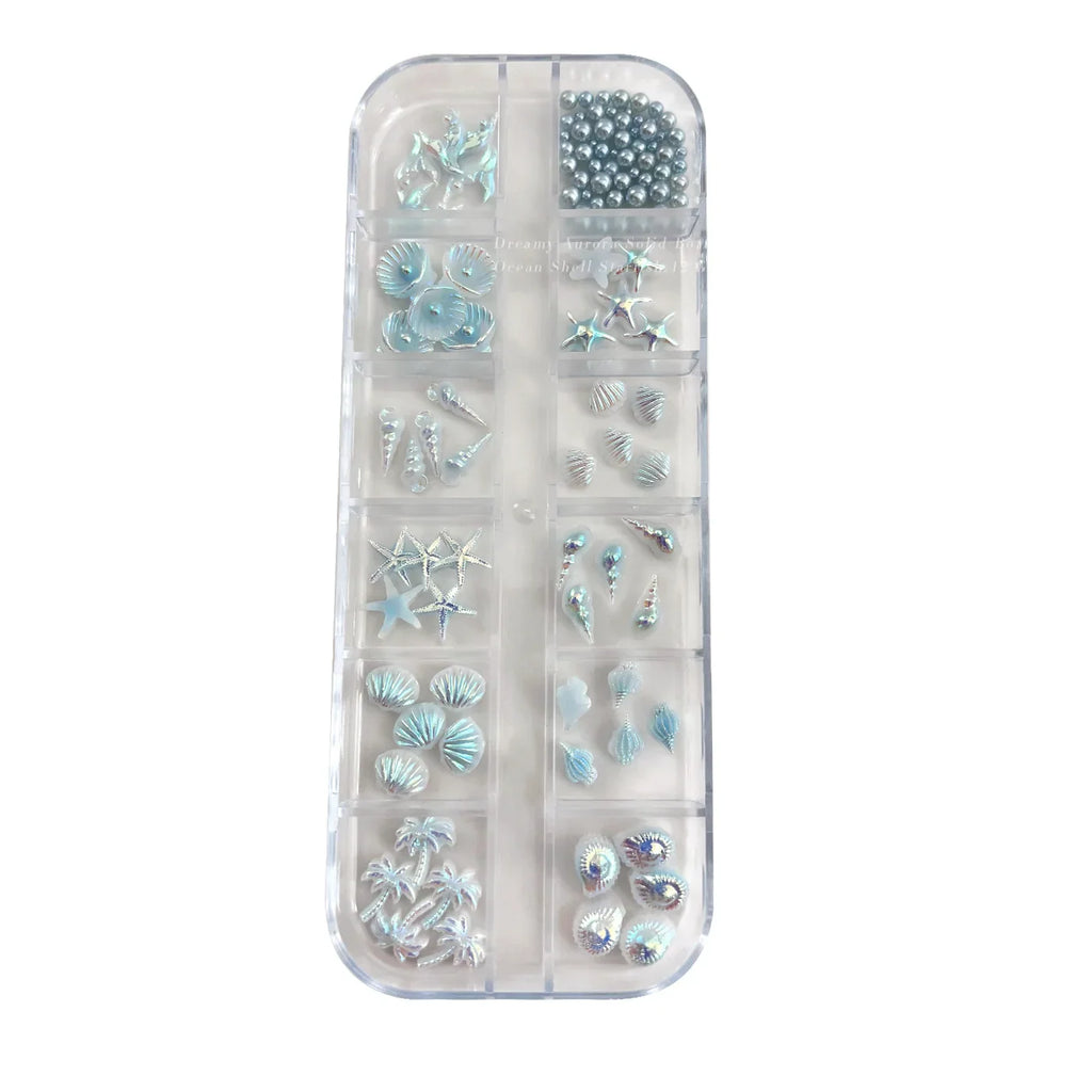 12 Grids Aurora AB White Blue Starfish Shell Conch Coconut Tree Pearl Nail Rhinestones Decorations Manicure Ocean Life Charms