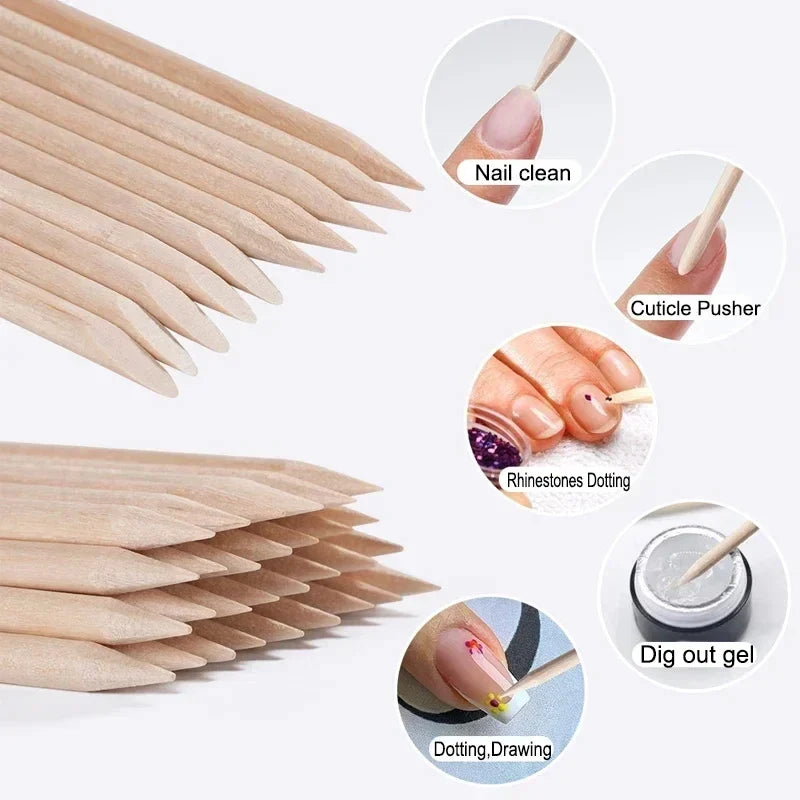 50/600Pcs Nail Orange Wood Sticks Double Head Cuticle Pusher Remover Rhinestone Picking Dotting Pedicure Manicure Care Tools