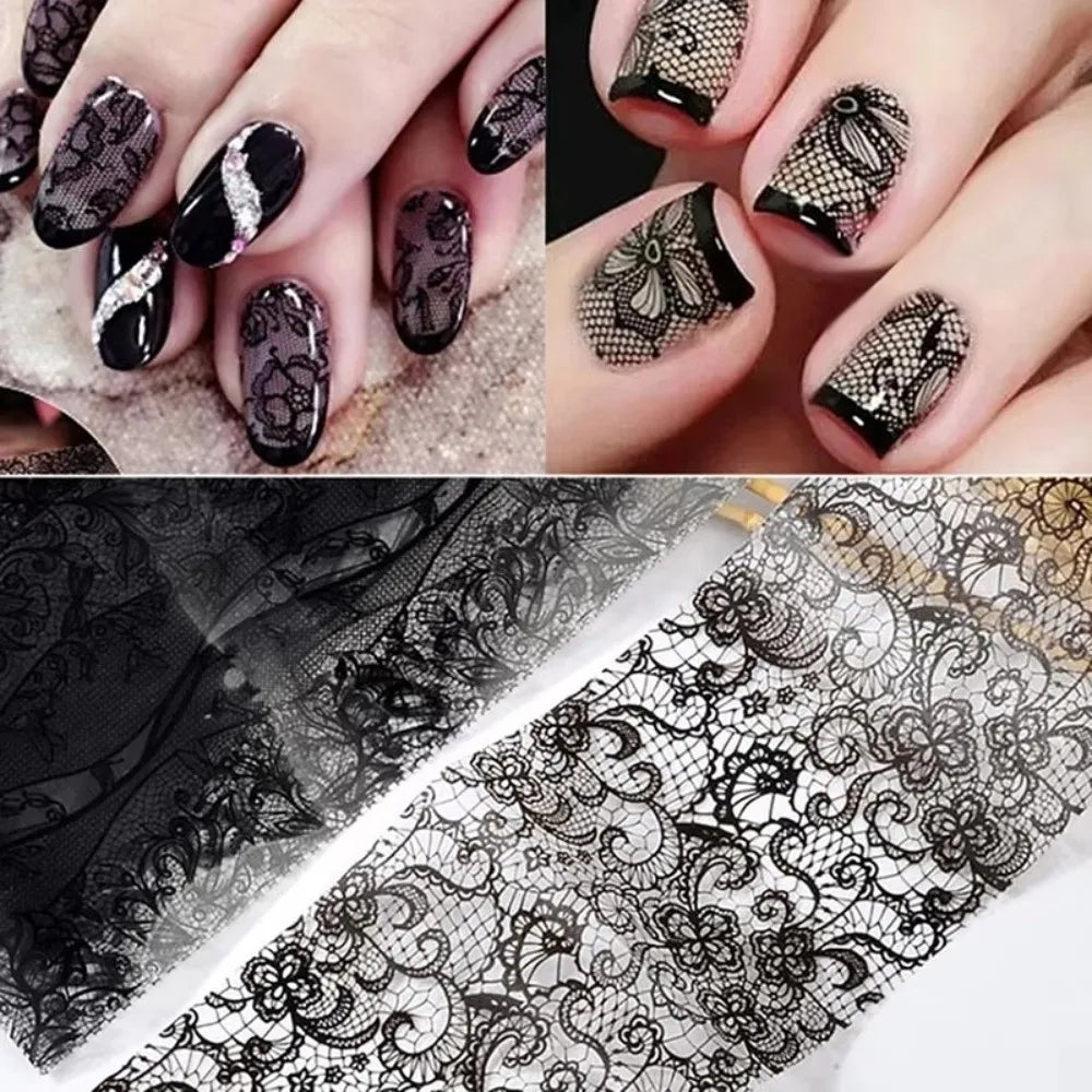 Lace Design Nail Foils Leopard Print Black White Nail Stickers Stripe Pattern Sequin Effect Nail Art Stickers Manicure DIY