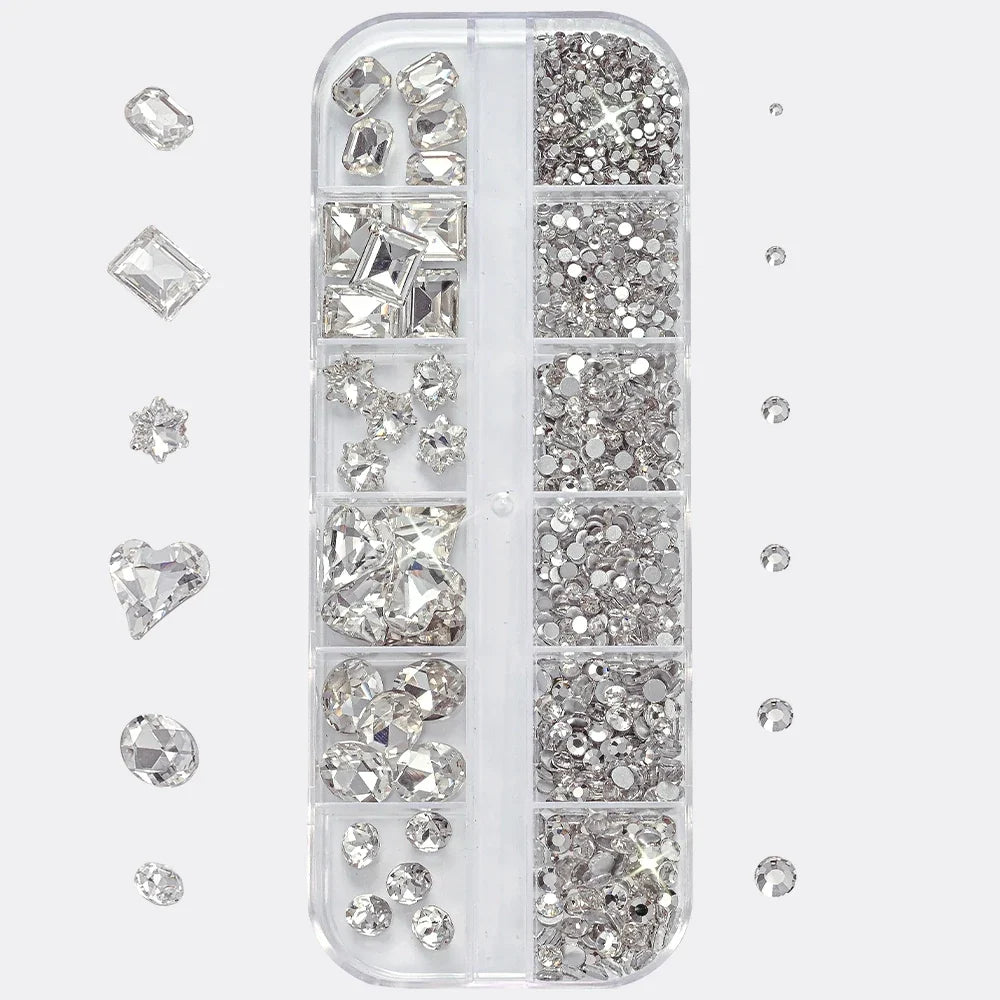 12Grids 3D Clear Glass Mutil-Shapes Nail Rhinestones + SS6-SS16 Round Diamond Crystals Luxury Heart Square Nail Art Gems Decorat