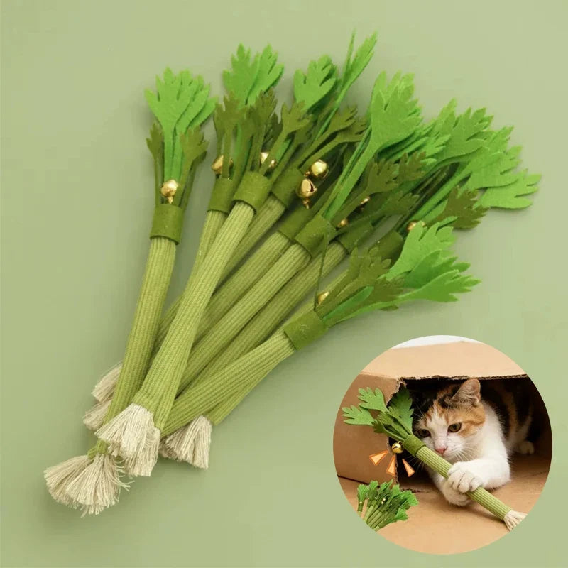 Simulation Celery Cat Chew Toys with Sound Bell, Cat Teeth Cleaning Toy Interactive Self Playing Catnip Molar Stick Pet Supplies