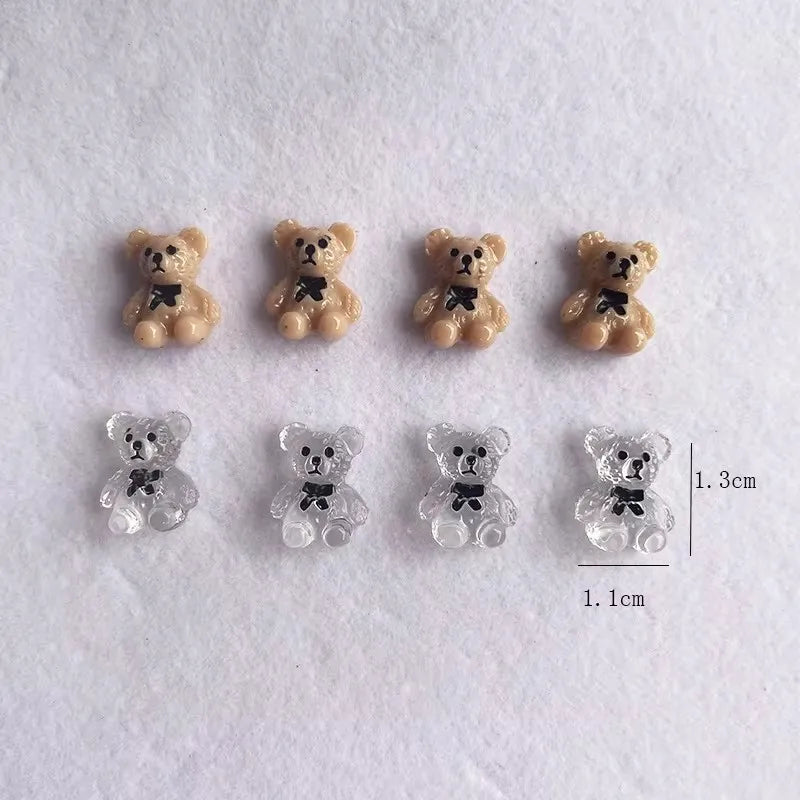 20pcs Kawaii New Nails Accessories 3D Cartoon Bear Bow Nail Charms Large Bow Tie Small Bear Clear Khaki Nail Decorations Diamond