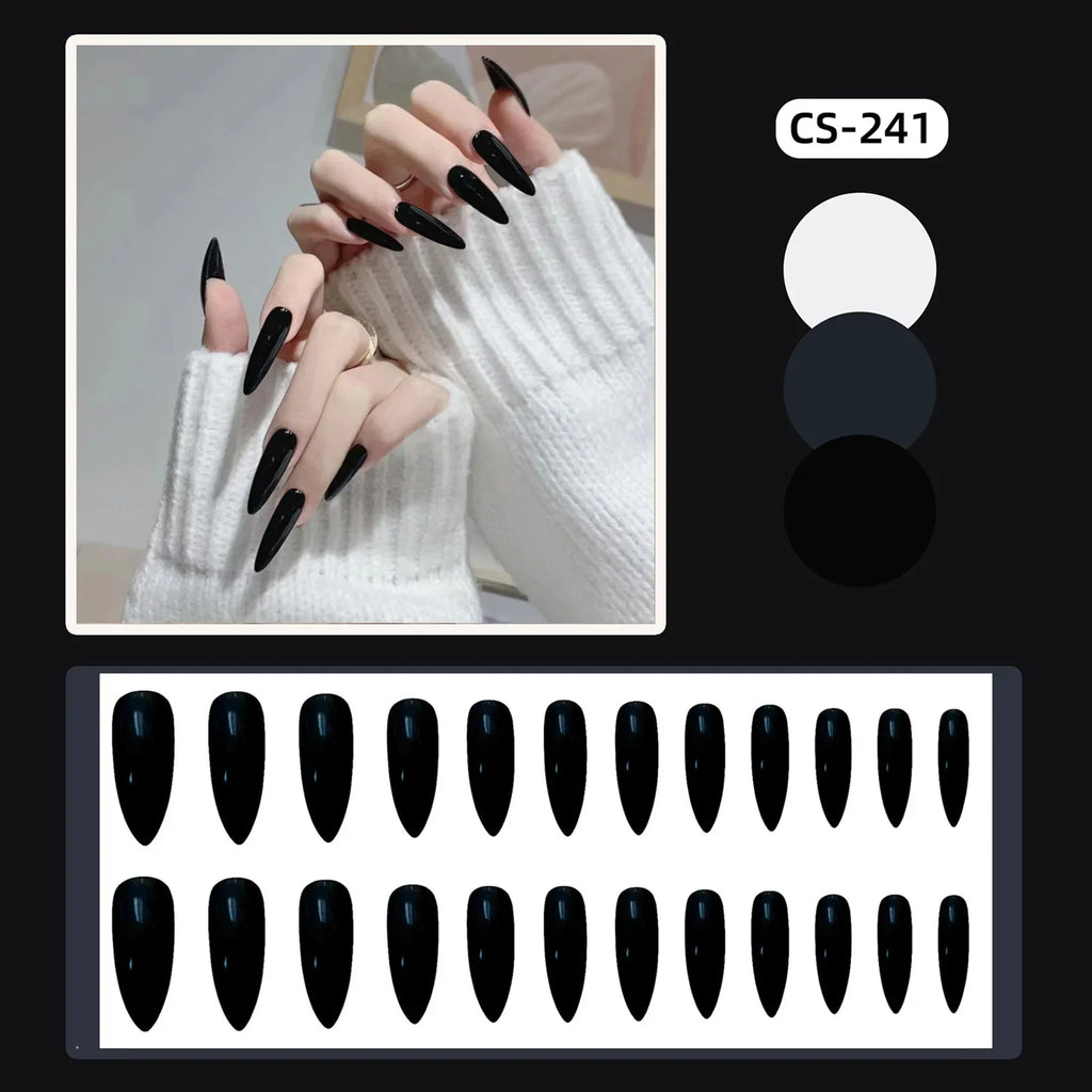 24pcs Black Fake Nails Art Pointed Head Black Resin Press On with Jelly Glue Natural Look for Fingernail DIY Decoration
