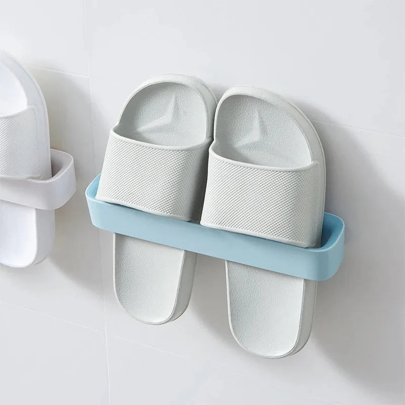 Self-Adhesive Slipper Rack - Wall-Mounted Bathroom Storage, 6-Hook Slipper Organizer for Toilet, Shower, Bedroom (White)