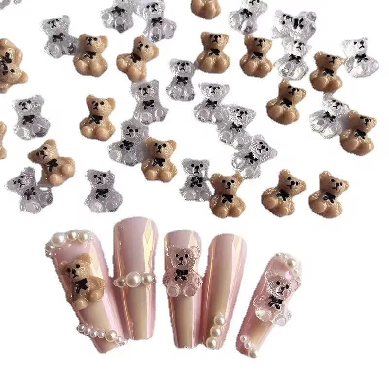 20pcs Kawaii New Nails Accessories 3D Cartoon Bear Bow Nail Charms Large Bow Tie Small Bear Clear Khaki Nail Decorations Diamond