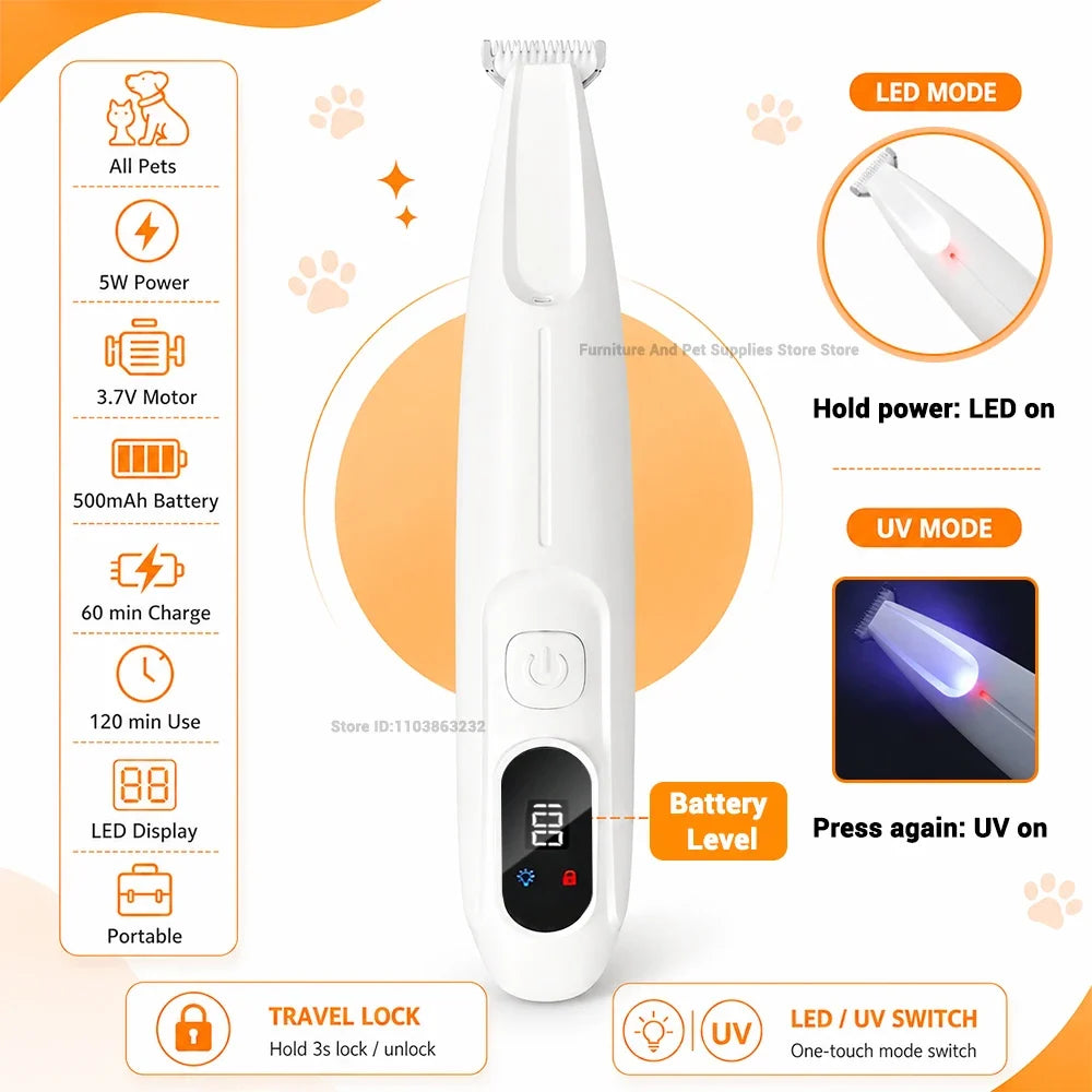 Pet Dog Electric Beauty Trimmer Waterproof Pet Foot Hair LED/UV Light Trimmer Low Noise Cat Dog Face Foot Ear Hip Claw Shaver