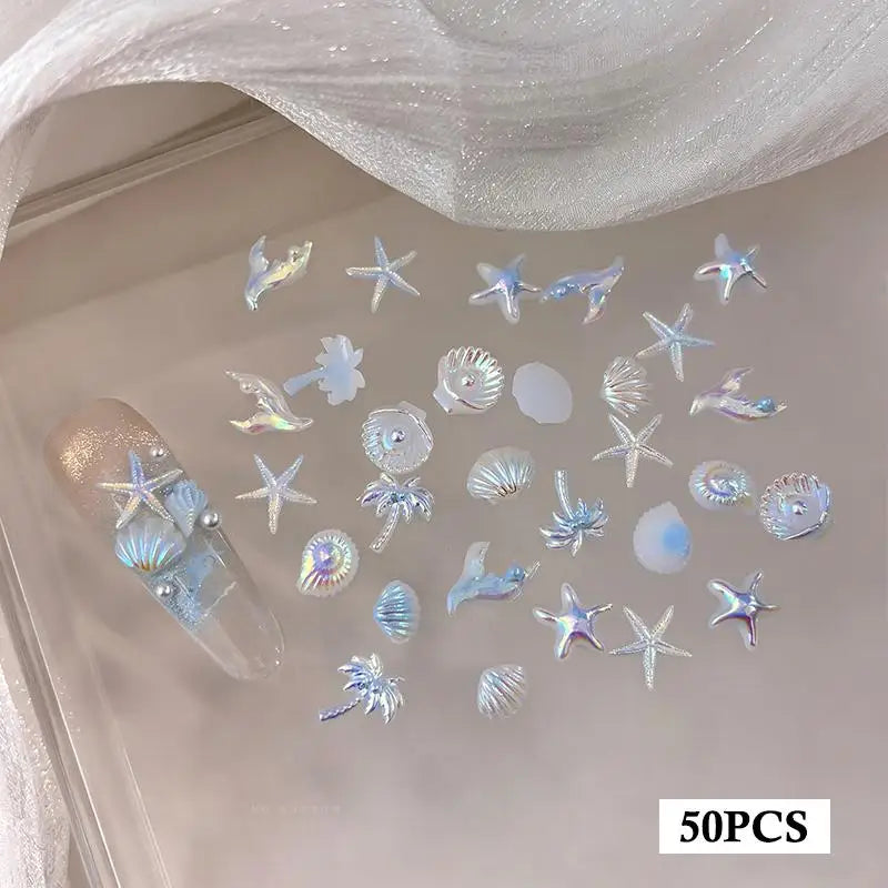 50Pcs Shell Starfish Mermaid Tail Nail Art Charms Ocean Aurora Shapes for Summer Beach Party Nail Decorations Nail Tech