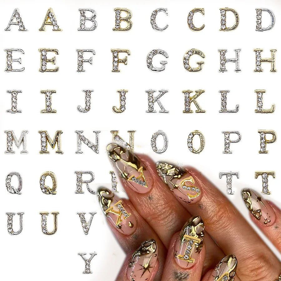 26Pcs Silver Rhinestone Alphabet Nail Charms Set-A-Z Letters Nail Gems,Custom Name Initial Nail Art Decorations for DIY Nail