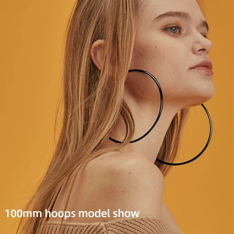5 Sizes Stainless Steel Black Round Circle Hoop Earrings for Women Punk Exaggerated Smooth Statement Earring Gothic Jewelry Gift