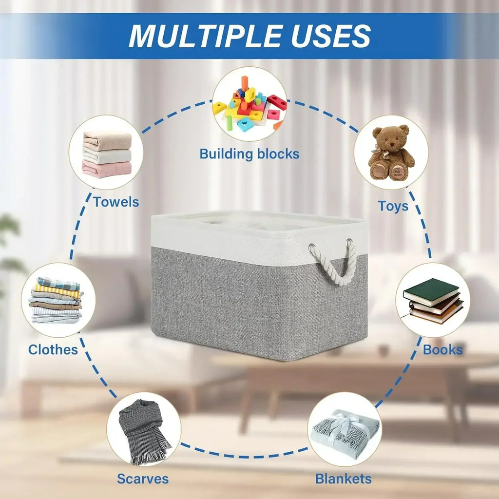 Linen Foldable Storage Basket Collapsible Sundries Storage Box with Rope Handle for Kids Toys Books Underwear Socks Organizer