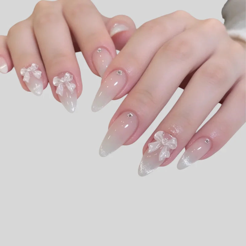 24pcs Fake Nails Crystal-Clear Smile Cat-Eye Rhinestone and Bow Designs High-Quality Press-On Nails Perfect as Gifts for Girls