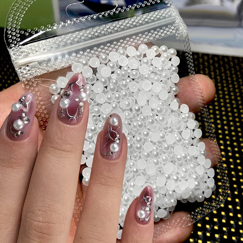 White Pearls Nail Beads DIY Manicure 3D Nail Art Decoration Rhinestone Half Round Mixed Size Beige Flatback Nail Material Supply