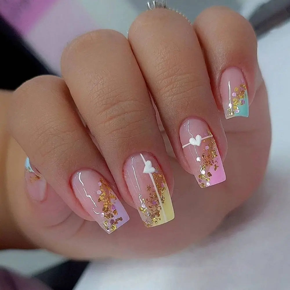 24pcs Fashion Square Long False Nails French Rainbow Flowers Aurora Wavy Butterfly Fake Nails Full Cover Press on Nails Tips