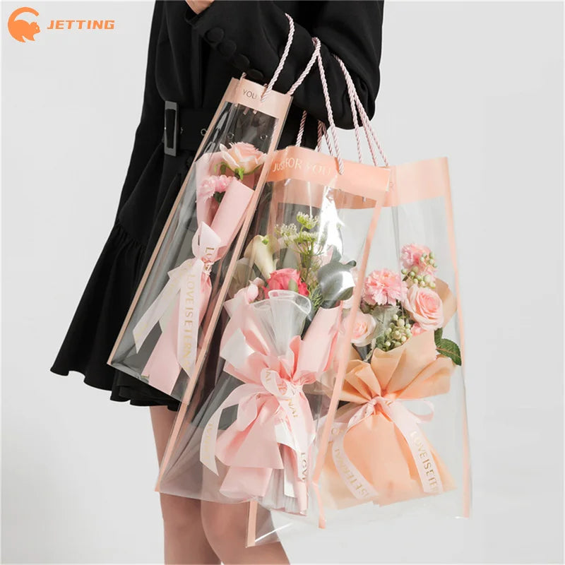 (New) 10Pcs Florist Plastic Bag Bouquet Gift Bag Packaging Bags Transparent Flowers Wrapping With Handle Party Supplies