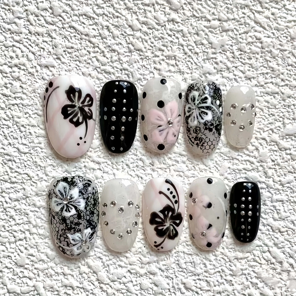 10 Pieces of Handmade Oval Full-Cover Nail Tips, Medium Length, Black and White Floral Retro Style, Suitable for Women and Girls, Perfect for Summer Vacations, Graduation Season, and as a Gift, Comes with 1 Piece of Jelly Glu