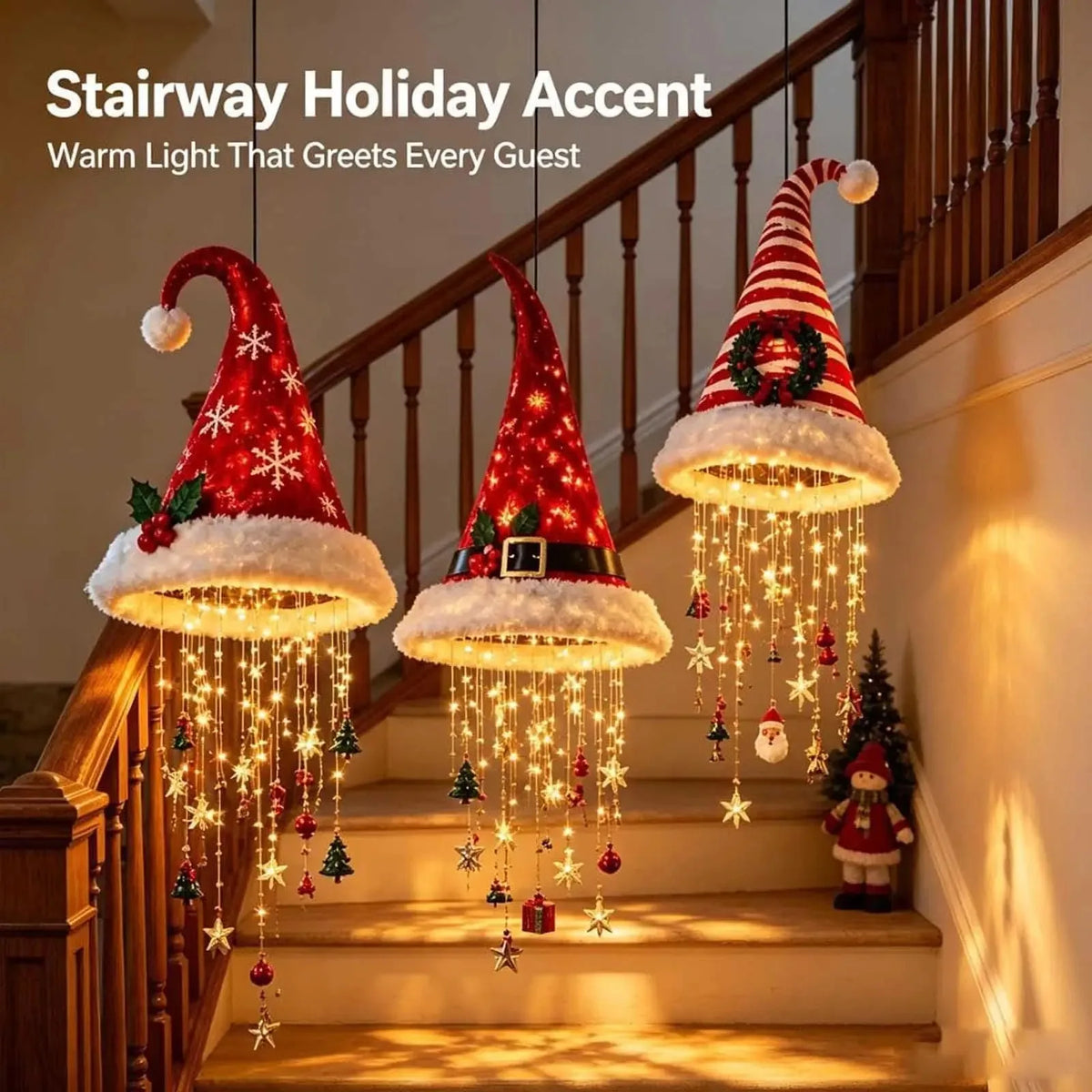 DIY Lighted Santa Hat Chandelier - Warm LED Glowing Christmas Ornaments Hanging Chandelier 5 Styles for Festive Decor