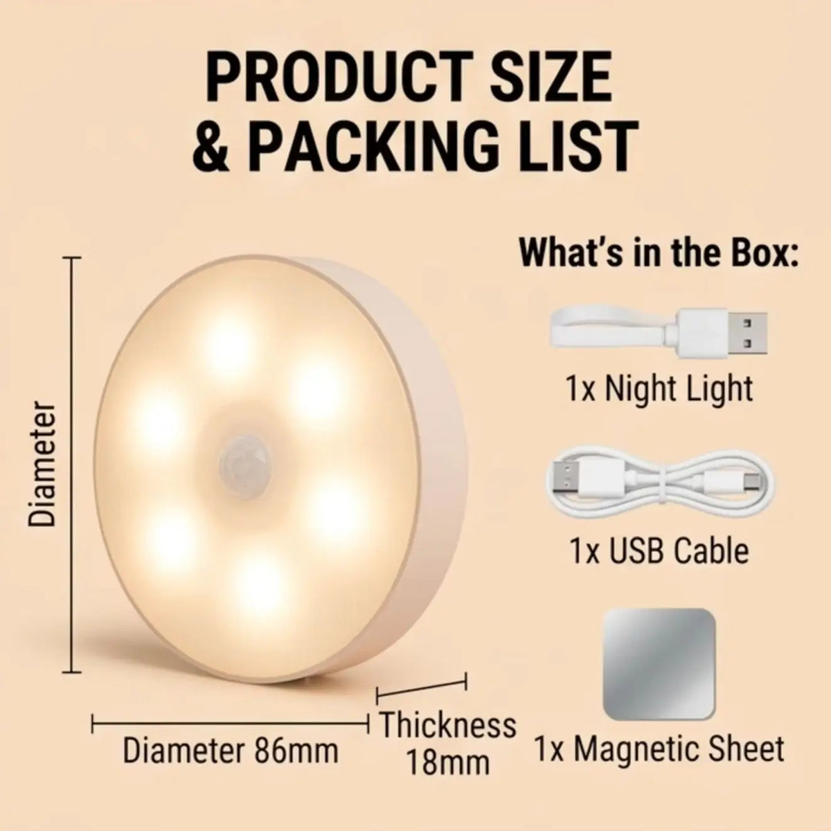 Warm LED Night Light with Motion Sensor USB Rechargeable Wireless Lamp for Cabinet Wardrobe Staircase Closet Lighting