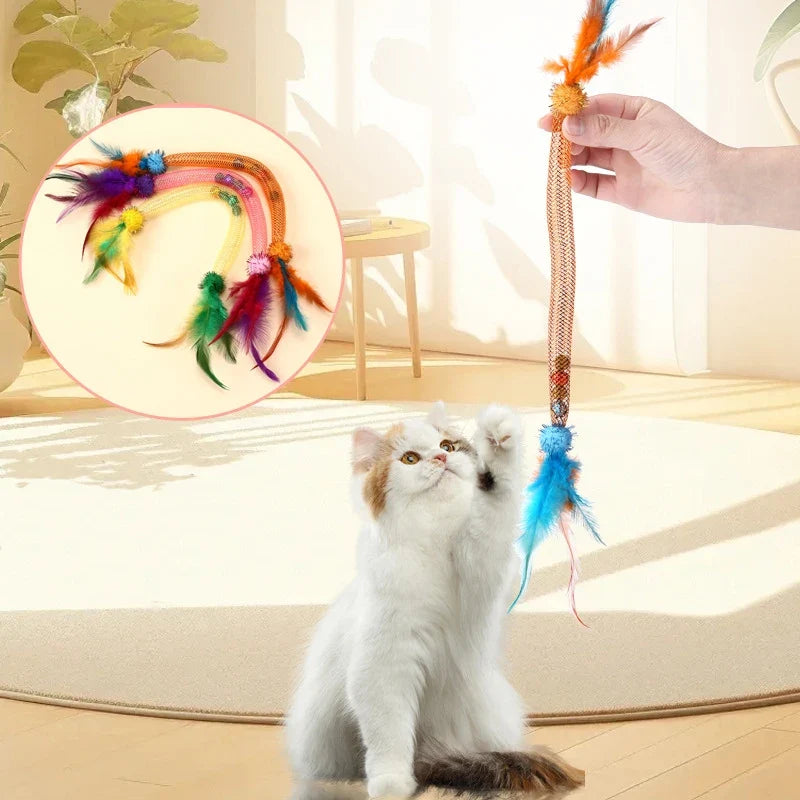 Interactive Cat Toy Catnip Elastic Rope Toy with Feathers and Bell Indoor Kitten Speaky Toys Cat Teaser Hunting Pet Cats Toy