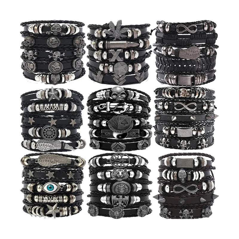 1Set Black Punk Skull & Star Shaped Alloy & Pu Leather Bracelet