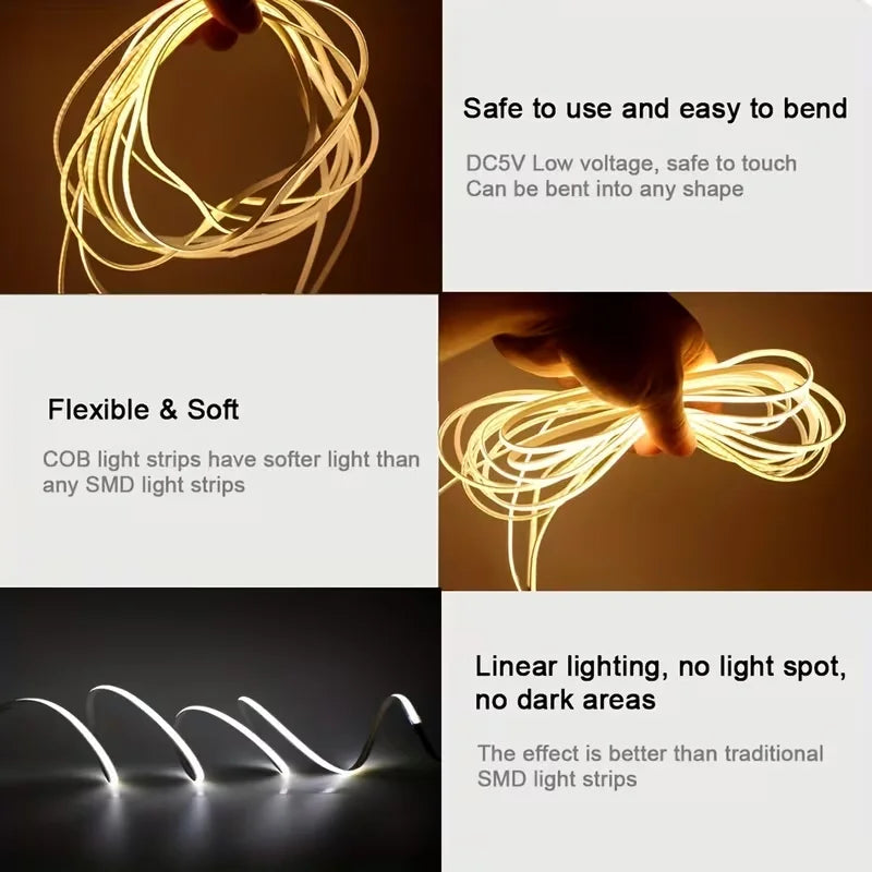 Lqhzmyy Cob Led Strip Light, USB Powered, Touch Switch for Adjustable Light Brightness, 3mm Wide Ultra-Thin Led Strip with No Light Spots, Suitable for Furniture Cabinets, Kitchen Bases, Bedroom Ambient Lighting, Warm White L
