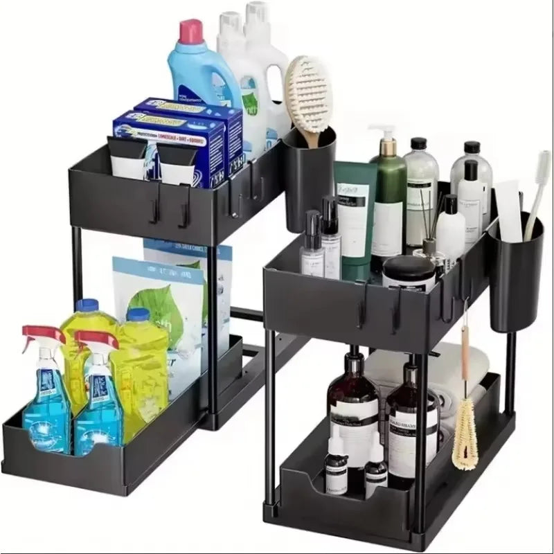 2 Tier Under Sink Organizer Sliding Cabinet Basket with Hooks Hanging Cup Kitchen Bathroom Space Saving Storage Rack