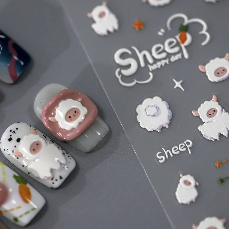 1pcs 5D Relief Kawaii Sheep Nail Art Stickers Cartoon Acrylic Exquisite Self Adhesive Transfer Nail Decoration Slider Decals DIY