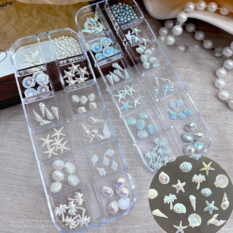 12 Grids Box Blue White Nail Charm Shell Starfish Mermaid Tail 3D Oceanic Manicure Nail Art DIY Salon Decoration Accessories