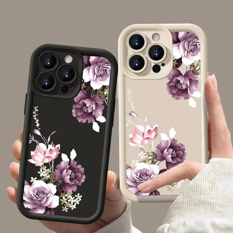 Purple Flower Pattern Phone Case For iPhone 17 16 15 14 13 12 11 Pro Plus Max XR 17 Air 16E Shockproof Soft Silicone Back Cover