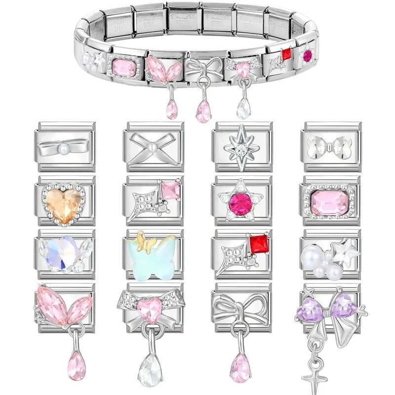 Fashion 2026 Sweet Pink Star Loveheart Pendant Italian Charm Link Fit 9mm Stainless Steel Bracelet Women DIY Making Jewelry Gift
