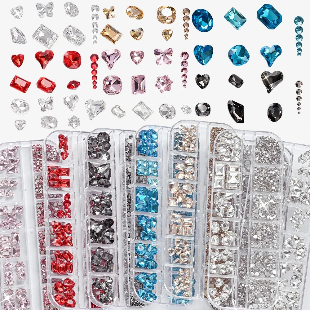 12Grids 3D Clear Glass Mutil-Shapes Nail Rhinestones + SS6-SS16 Round Diamond Crystals Luxury Heart Square Nail Art Gems Decorat