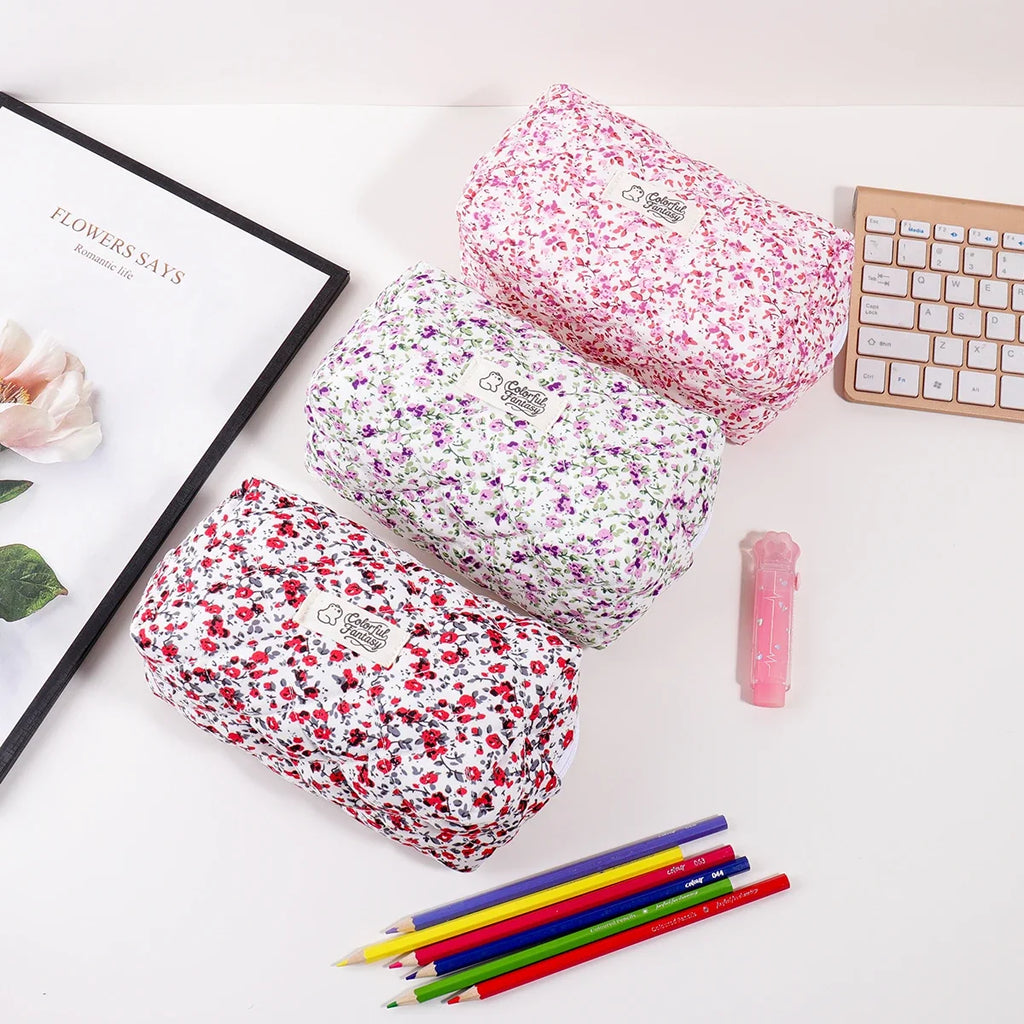 Floral Print Pencil Case Large Capacity Zipper Portable Stationery Organizer for Students Office Desktop Supplies Back to School