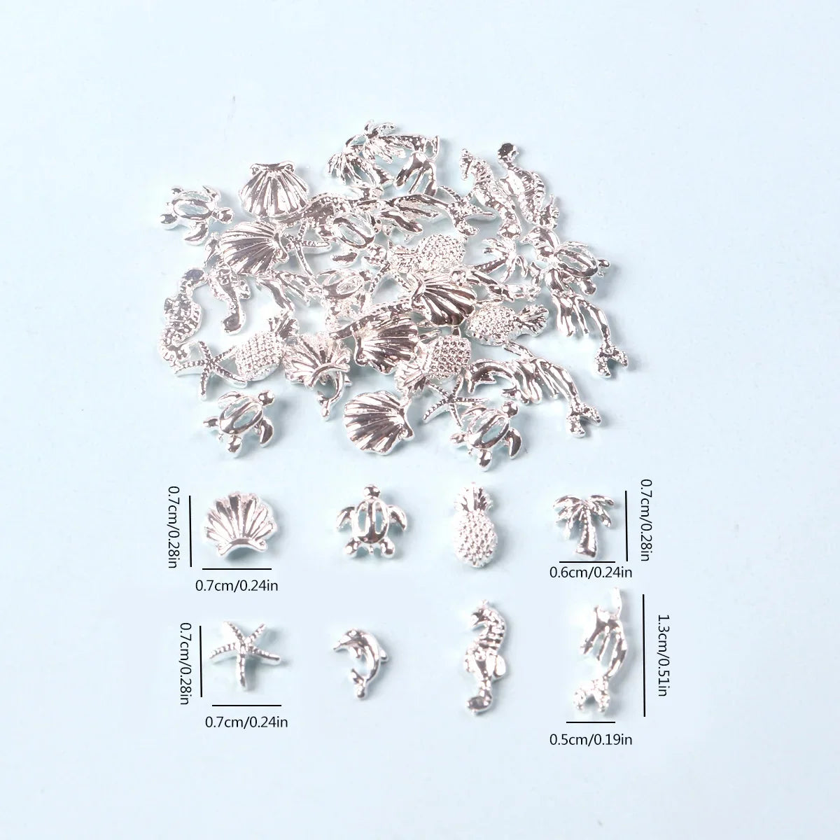 TSZS 50pcs/bag Ocean Starfish Shell Nail Art Charms Silver Beach Starfish Sea Seashell Nail Decoration Metal 3D Charms for Nail