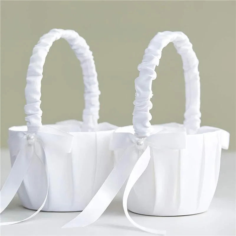 1/2pcs Satin Pearl Knot Flower Basket For Girls, Ring Holder, White Flowers, Wedding Accessories, Ladies Supplies, 2024