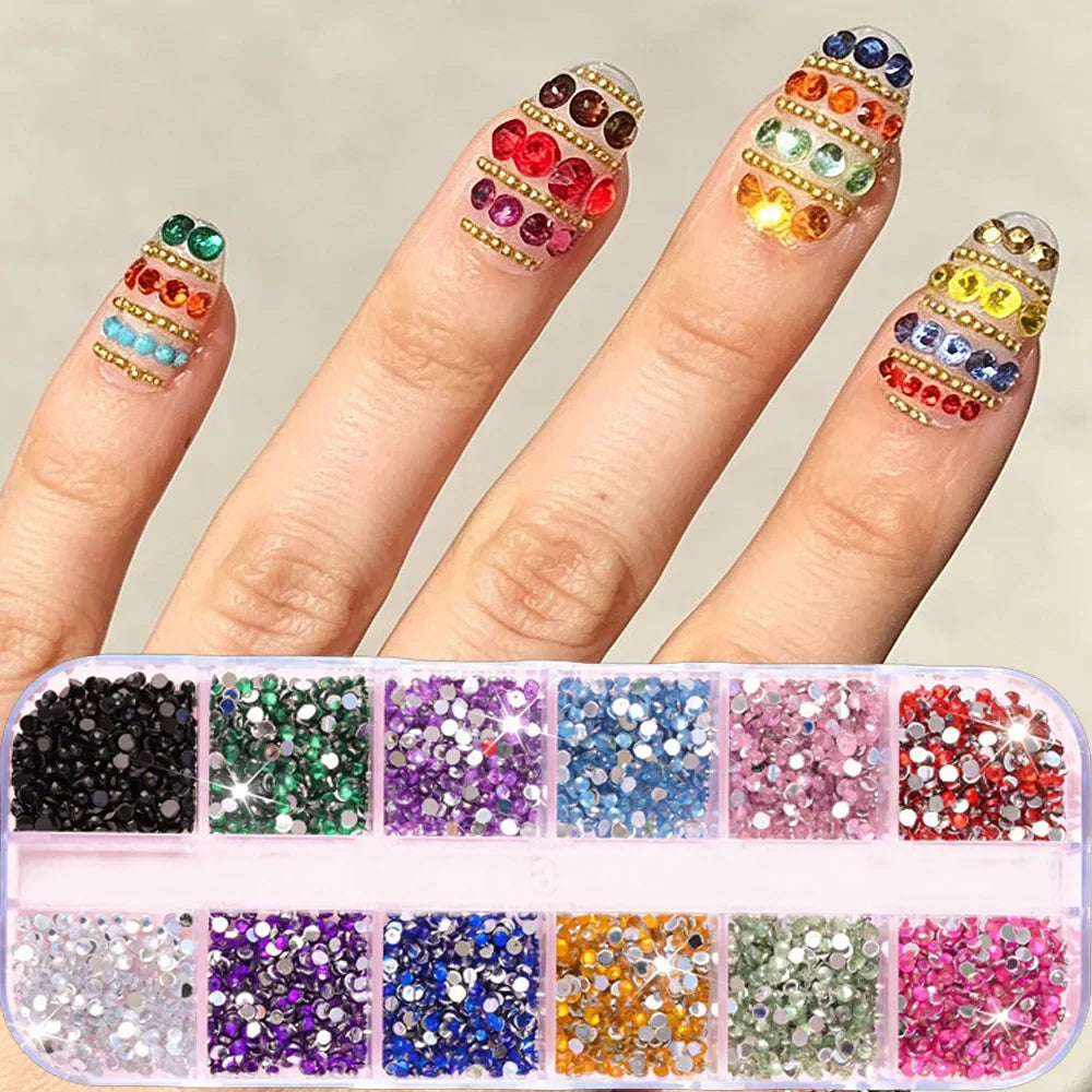 12Grids Colorful Mixed Glitter Nail Rhinestones Sparkly 2mm Mini Acrylic Flatback Diamonds Pink/Clear/Green Gems Manicure Parts