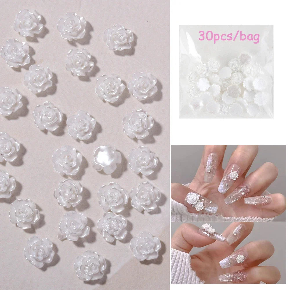 20pcs Lace Bow &30pcs 3D Mixed Size Pearl Resin Flower Pink Rose Nail Charms Accessories Nail Art Luxury Decoratons Supplies