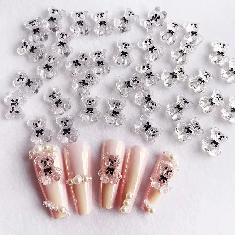 20pcs Kawaii New Nails Accessories 3D Cartoon Bear Bow Nail Charms Large Bow Tie Small Bear Clear Khaki Nail Decorations Diamond