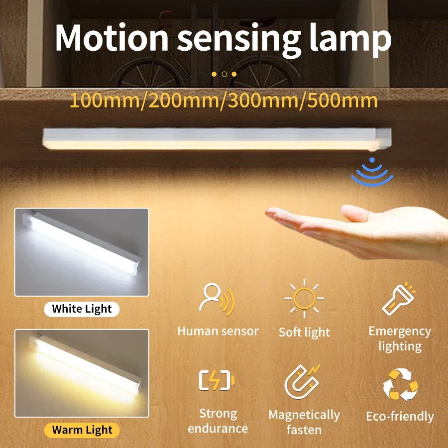 Wireless LED Night Light with Motion Sensor USB Rechargeable Lamp Under Cabinet Kitchen Light Bar for Wardrobe Bedroom Corridor