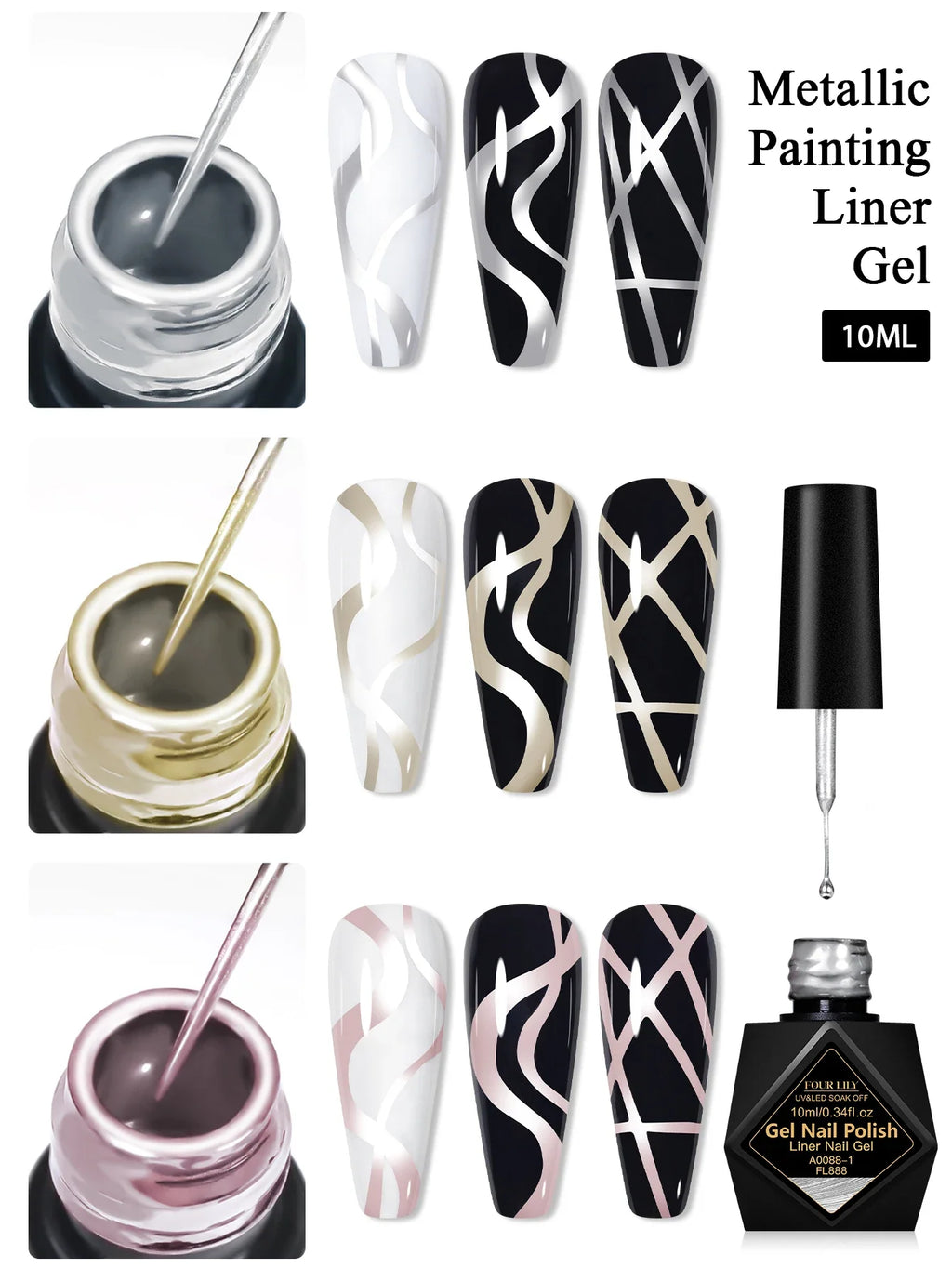 FOUT LILY 10ml Metallic Painting Liner Gel Nail Polish, Super Bright Mirror Pull Line Graffiti Painting Stripe Gel Nail Varnish