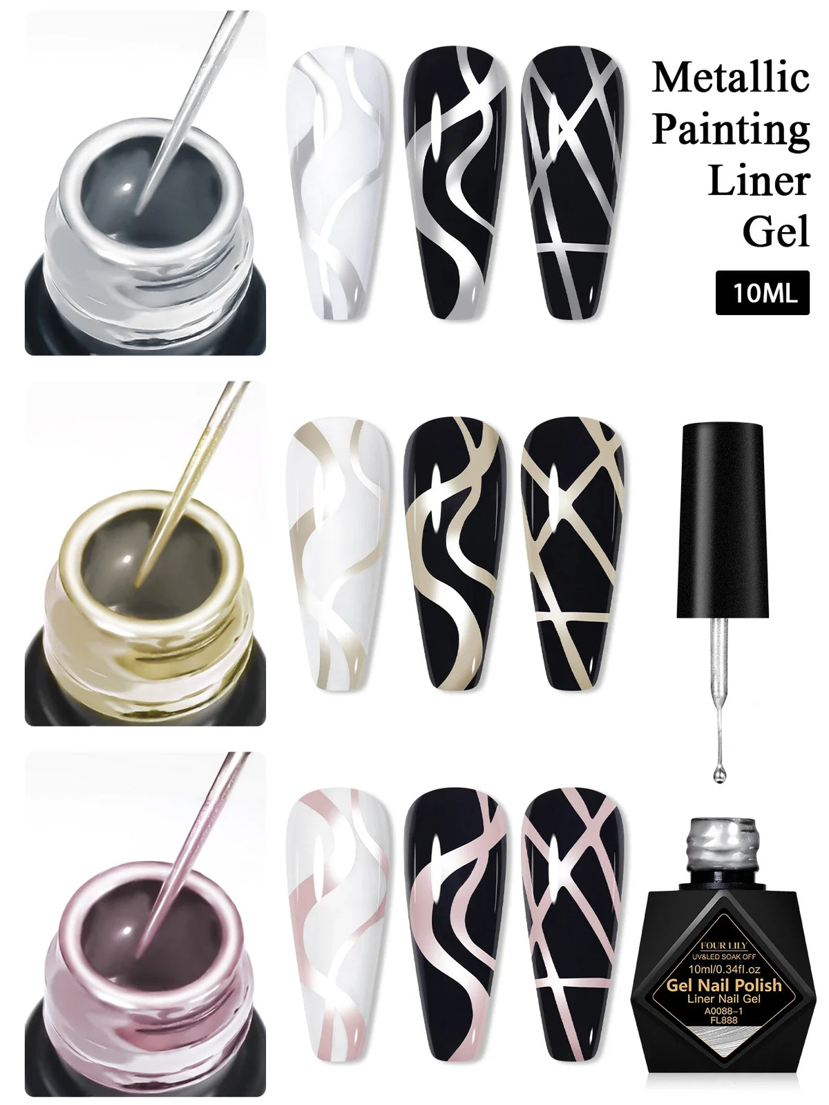 FOUT LILY 10ml Metallic Painting Liner Gel Nail Polish, Super Bright Mirror Pull Line Graffiti Painting Stripe Gel Nail Varnish