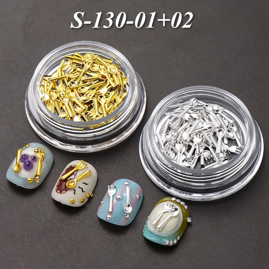 1/2 Boxes Gold Fork & Spoon Nail Decor Funny Mini Silver Tableware Nail Art Charms Korean Cute Alloy Nail Manicure Accessories