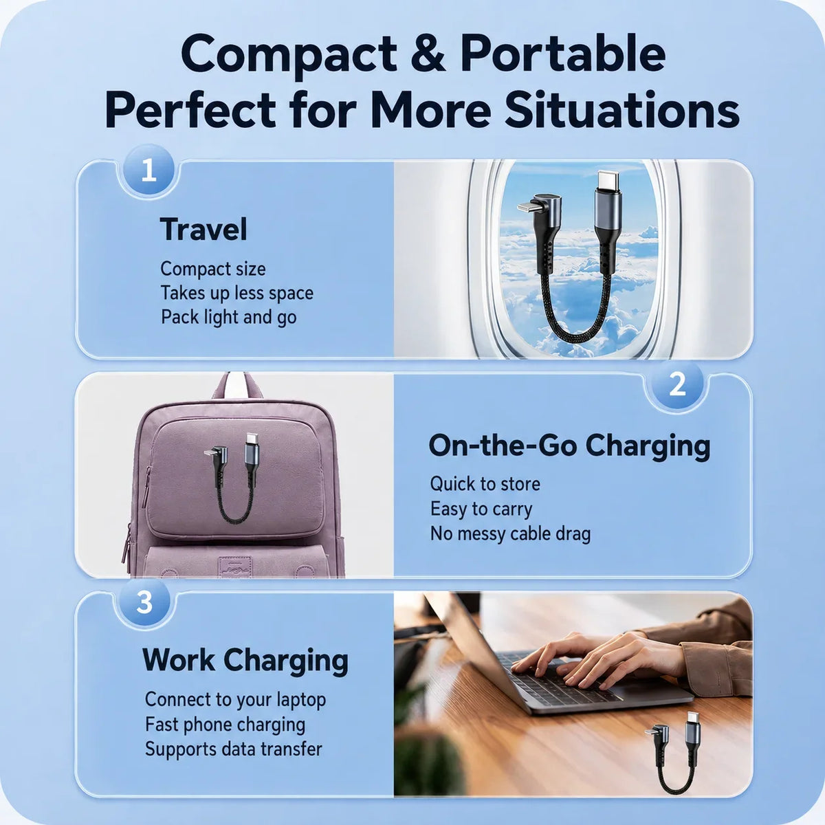 66W 6A Right Angle USB C Cable, Short USB C to USB C / USB A to USB C Braided Fast Charging Power Bank Cord 25CM 50CM for Travel