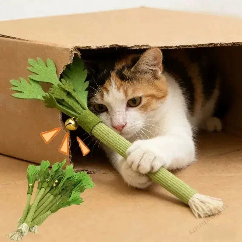 Simulation Celery Cat Chew Toys with Sound Bell, Cat Teeth Cleaning Toy Interactive Self Playing Catnip Molar Stick Pet Supplies