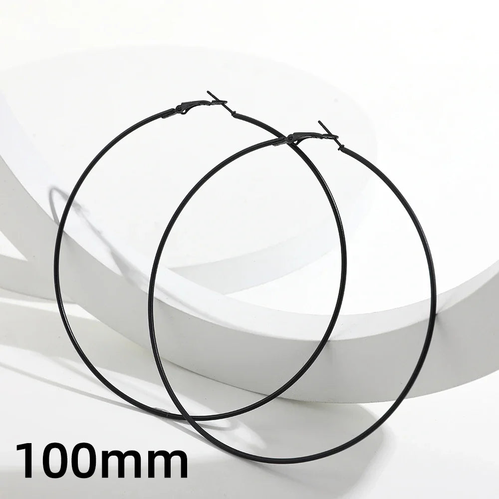 5 Sizes Stainless Steel Black Round Circle Hoop Earrings for Women Punk Exaggerated Smooth Statement Earring Gothic Jewelry Gift