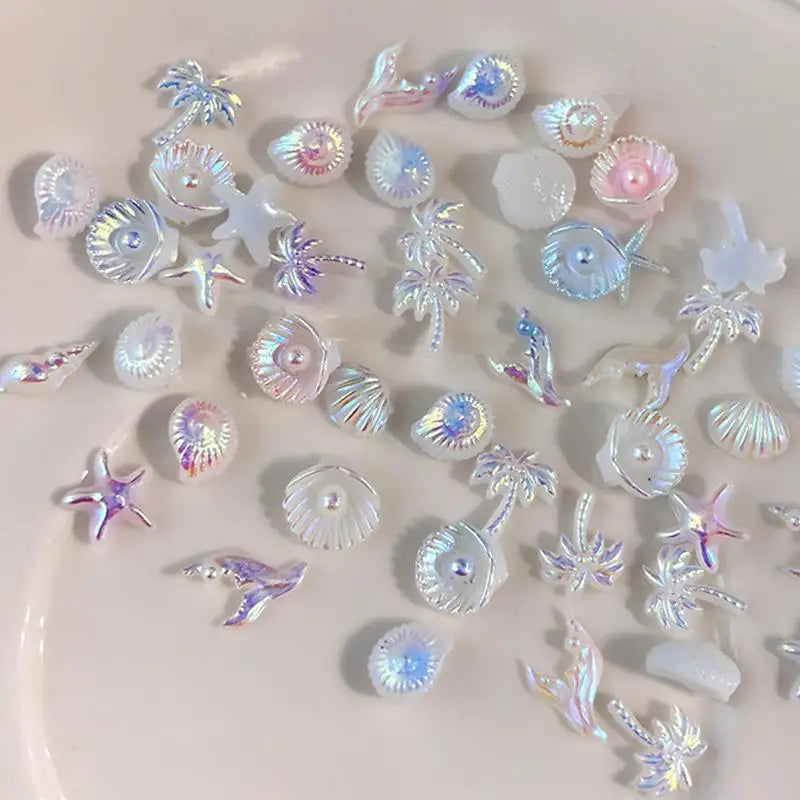 50Pcs Shell Starfish Mermaid Tail Nail Art Charms Ocean Aurora Shapes for Summer Beach Party Nail Decorations Nail Tech