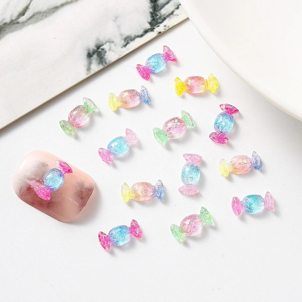 Food Play Candy Nail Art Charms Iridescent Gradient Gold Foil Rainbow Candy Resin Nail Rhinestone Decoration DIY Nails Accessory
